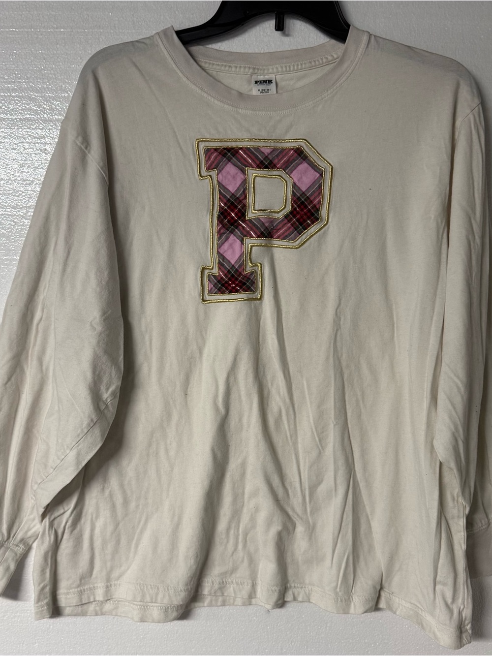 PINK Victoria's Secret Cream Long Sleeve Shirt with Pink Plaid 'P' Patch Graphic